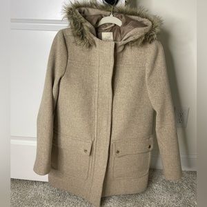 J. Crew Beige Pea Coat with Faux Fur Trim